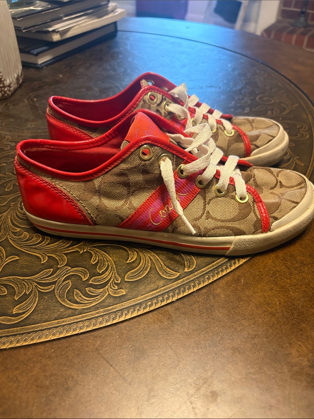 Coach Tan Signature Canvas Women’s Sneakers with Red Trim - Picture 2 of 4